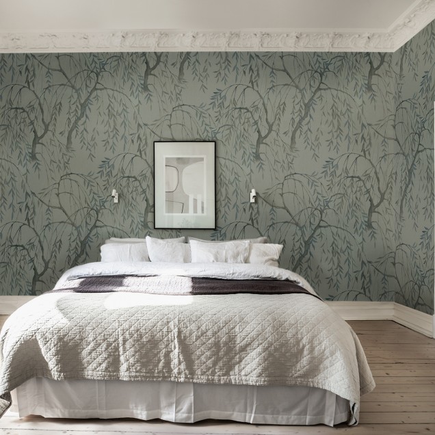 Tapet cu design floral cu ramuri delicate ale salciei plângătoare în nuanțe de verde jad
