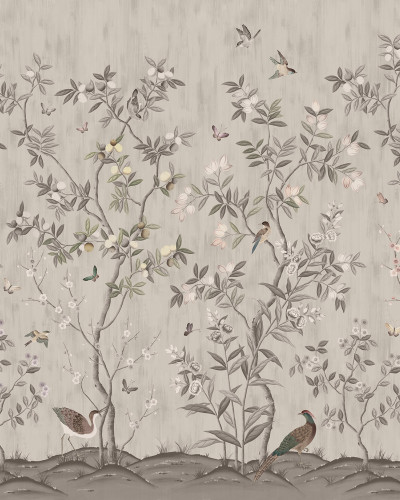 Tapet floral vintage, Chinoiserie Chic, Powder Beige, cu design floral luxuriant și delicat în nuanțe de bej, perfect pentru decorarea dormitorului.