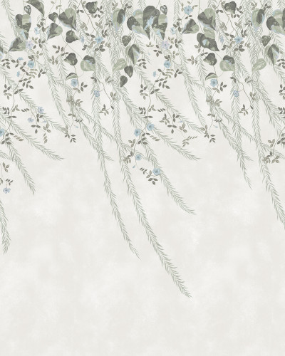 Tapet botanic cu frunze delicate și flori pastelate, Lush Foliage, Sage Tint