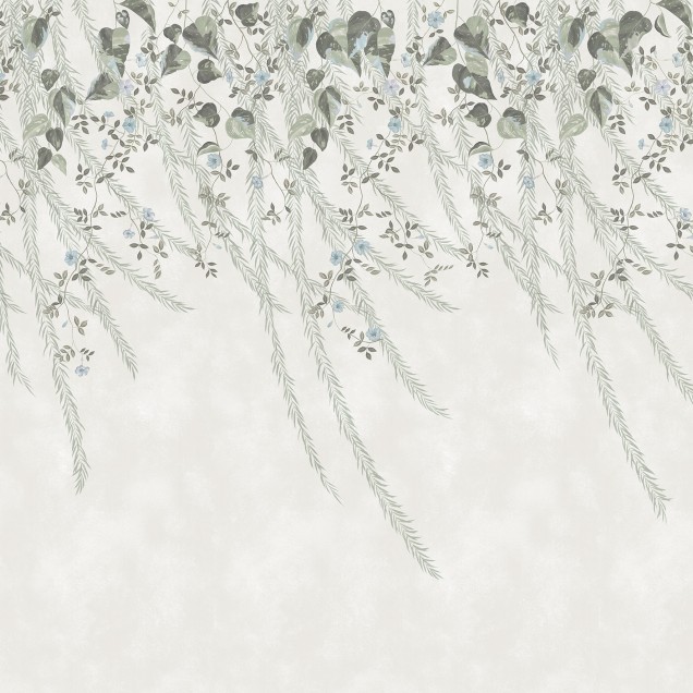 Tapet botanic cu frunze delicate și flori pastelate, Lush Foliage, Sage Tint