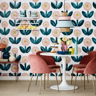 Tapet floral cu flori roz si frunze verzi, ideal pentru decorarea camerei