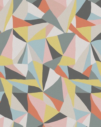 Tapet geometric retro cu forme geometrice, culori vibrante și forme unice. Tapetul poate fi aplicat în orice cameră, fie că este vorba de o cameră de zi, dormitor sau birou.