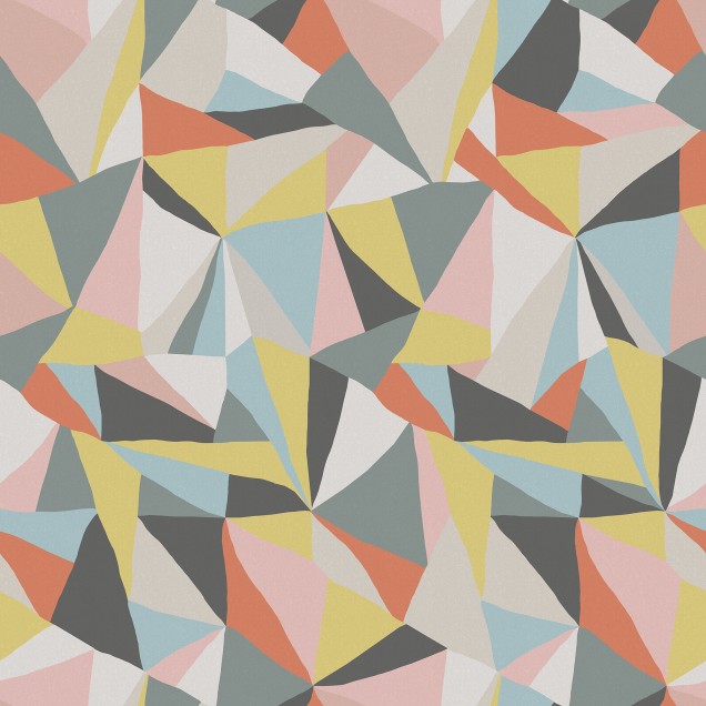 Tapet geometric retro cu forme geometrice, culori vibrante și forme unice. Tapetul poate fi aplicat în orice cameră, fie că este vorba de o cameră de zi, dormitor sau birou.