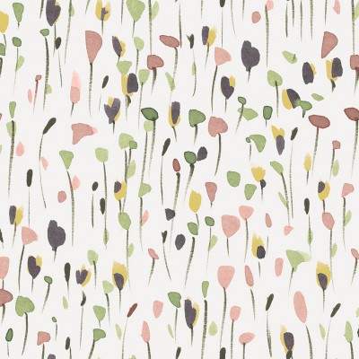 Tapet cu model floral abstract, cu aspect pictat, pe un perete dintr-o cameră cu o masă și scaune.