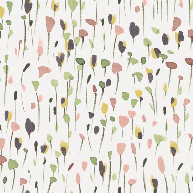 Tapet cu model floral abstract, cu aspect pictat, pe un perete dintr-o cameră cu o masă și scaune.