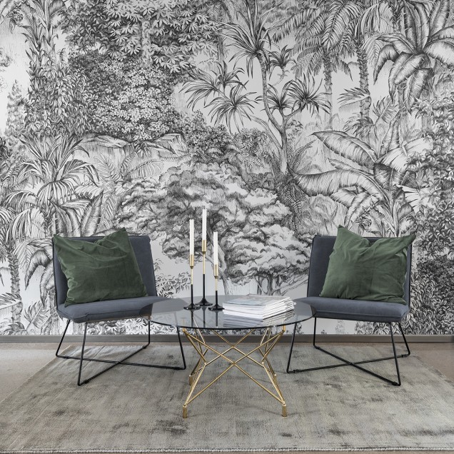 Tapet cu design minimalist cu frunze si copaci, perfect pentru un living sau dormitor.