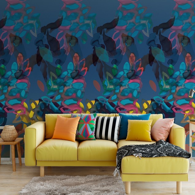 Un tapet cu un design abstract, vibrant, cu nuanțe puternice de albastru, verde, roz și galben.