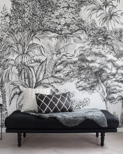 Tapet cu design minimalist cu frunze si copaci, perfect pentru un living sau dormitor.