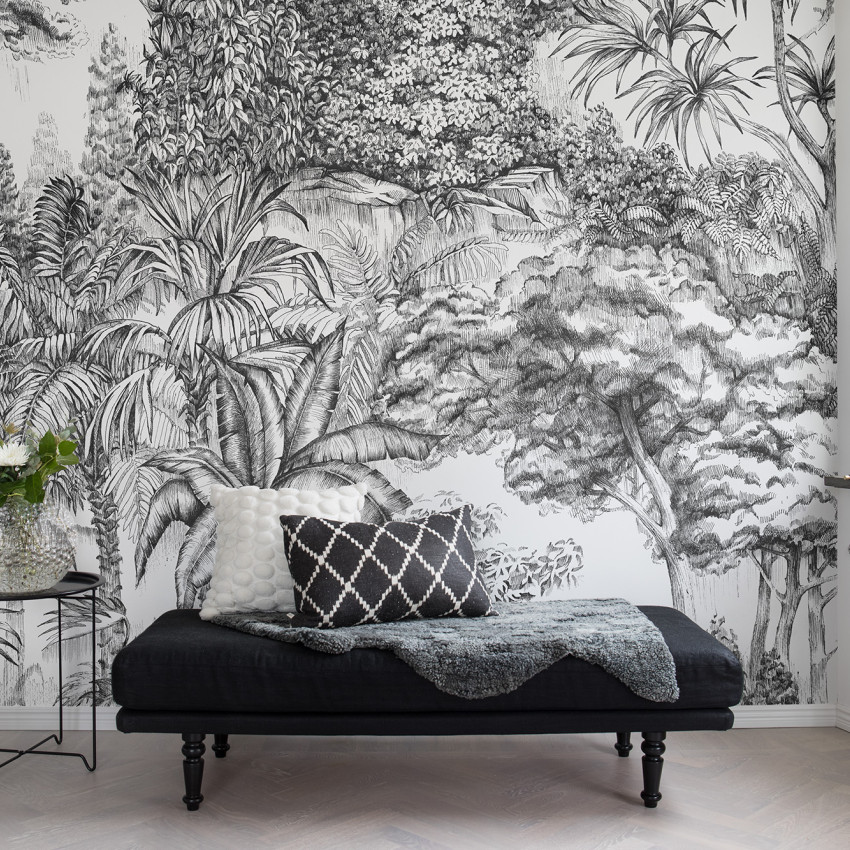 Tapet cu design minimalist cu frunze si copaci, perfect pentru un living sau dormitor.