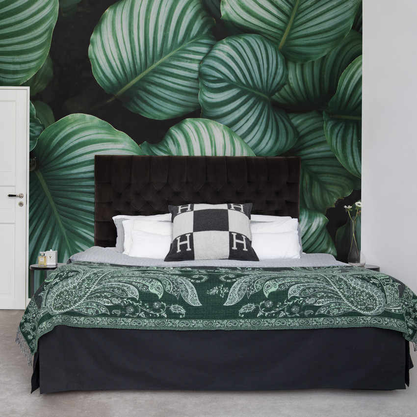 Tapet cu frunze mari, tropicale, care aduc natura în interior.
