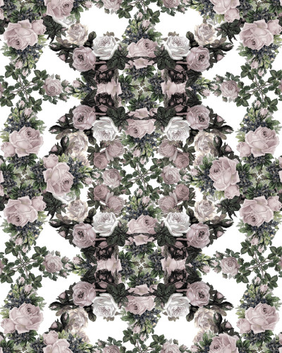 Tapet floral cu design vintage, cu trandafiri mari in nuante de roz și alb, perfect pentru dormitor, sufragerie sau hol.
