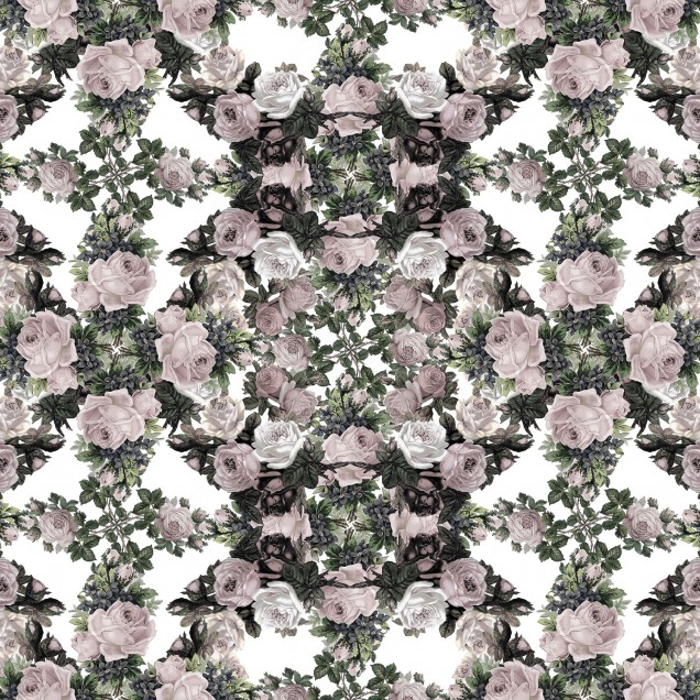 Tapet floral cu design vintage, cu trandafiri mari in nuante de roz și alb, perfect pentru dormitor, sufragerie sau hol.