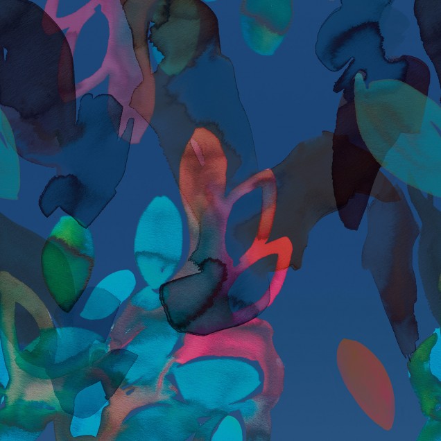 Un tapet cu un design abstract, vibrant, cu nuanțe puternice de albastru, verde, roz și galben.