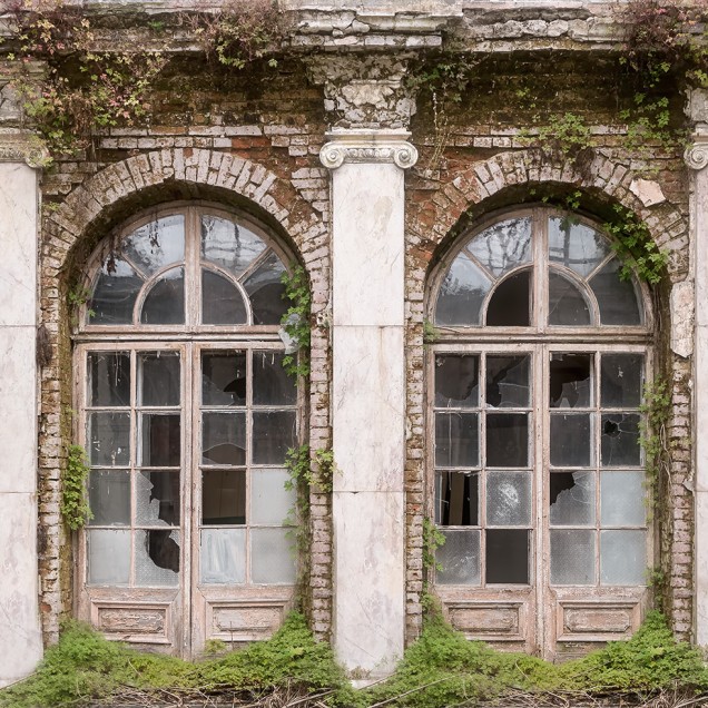 Tapet 3D Ruin Romance, care prezintă un perete cu ruine vechi, acoperite de vegetație, într-un spațiu modern.