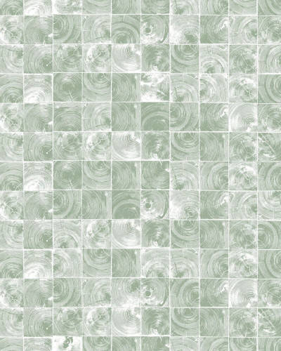 Tapet Age Rings, Green, cu model geometric in nuante de verde deschis, aplicat intr-un living modern.