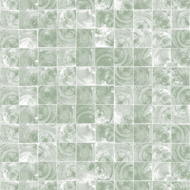 Tapet Age Rings, Green, cu model geometric in nuante de verde deschis, aplicat intr-un living modern.