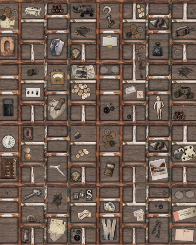 Tapet cu design unic The Memory Box, cu un aspect vintage și o colecție eclectică de obiecte.