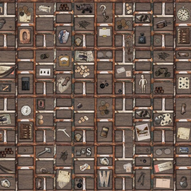 Tapet cu design unic The Memory Box, cu un aspect vintage și o colecție eclectică de obiecte.