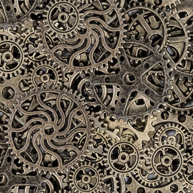 Tapet 3D Steampunk Mechanics cu un design complex de angrenaje metalice, oferind un aspect industrial și retro-futuristic.
