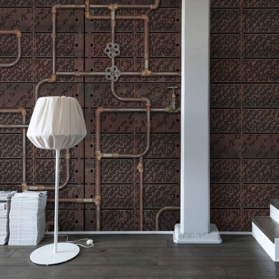 Tapet 3D Pipework Oxidation - design industrial, cu aspect de conductă de apă oxidată.