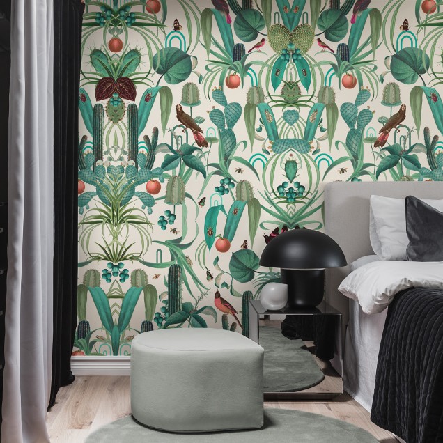 Tapet cu un design tropical cu cactuși, păsări și insecte