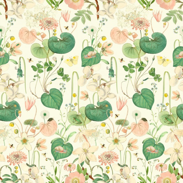 Tapet floral cu un design delicat, cu flori, frunze și insecte, potrivit pentru decorarea unui living, dormitor sau hol.