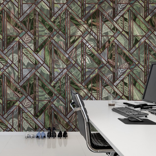 Tapet cu model geometric de frunze tropicale