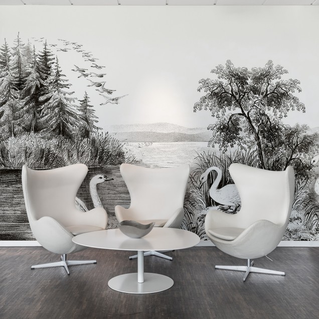 Tapet Swan Lake cu un design clasic in alb si negru cu lebada si padurea