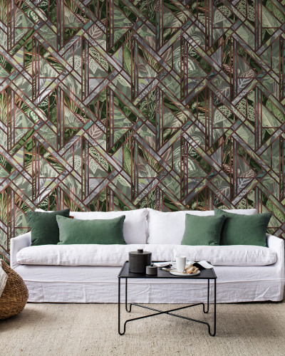 Tapet cu model geometric de frunze tropicale
