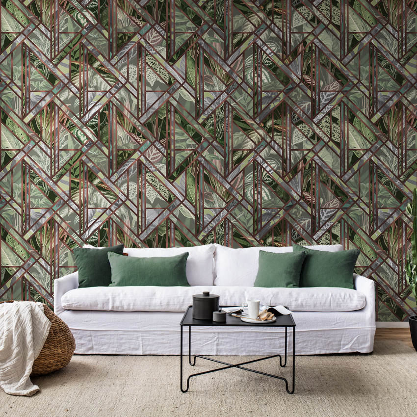 Tapet cu model geometric de frunze tropicale