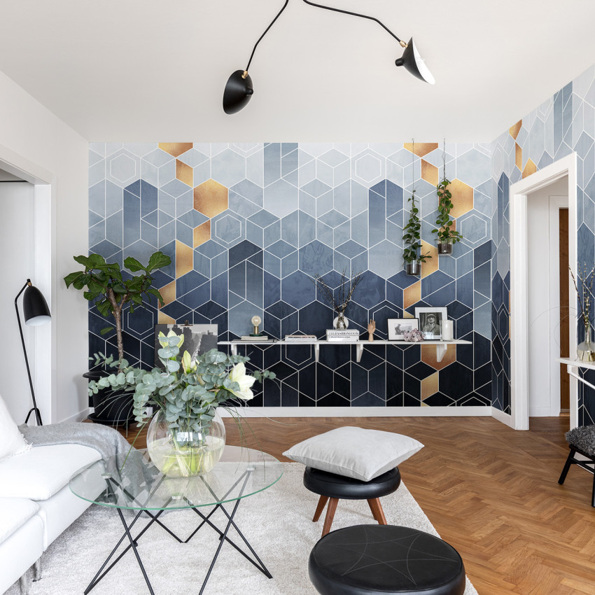 Tapet geometric cu degrade albastru și aur