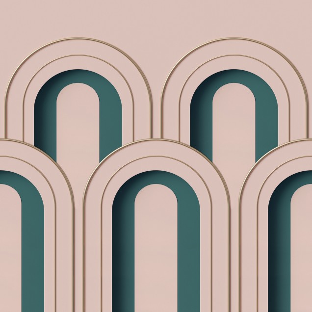 Tapet 3D Arch Deco cu design geometric, in nuante de roz, verde si auriu, decorat cu arcuri suprapuse. Tapetul este prezentat in interiorul unei camere de zi moderne.