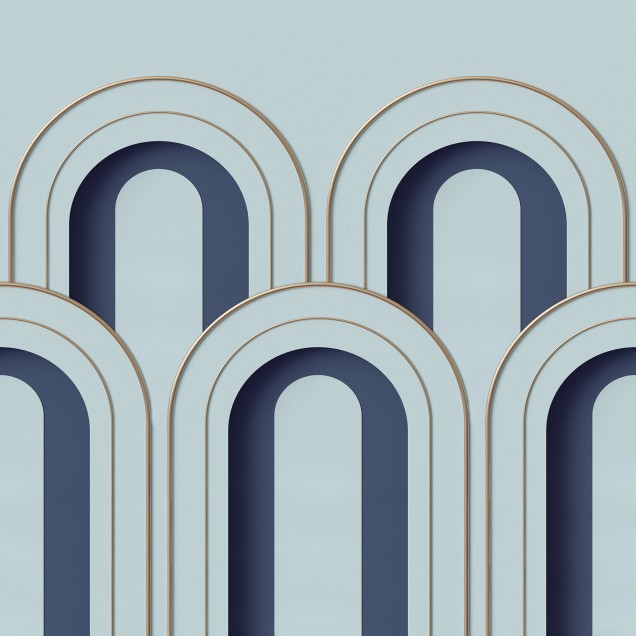 Tapet 3D Arch Deco, Albastru, cu arcade de culoare albastră pe un fond gri, in dormitor