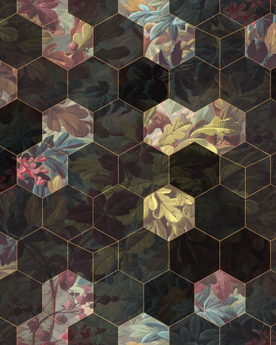 Tapet cu design geometric hexagonal, cu nuanțe de verde și auriu