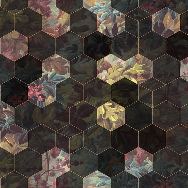 Tapet cu design geometric hexagonal, cu nuanțe de verde și auriu
