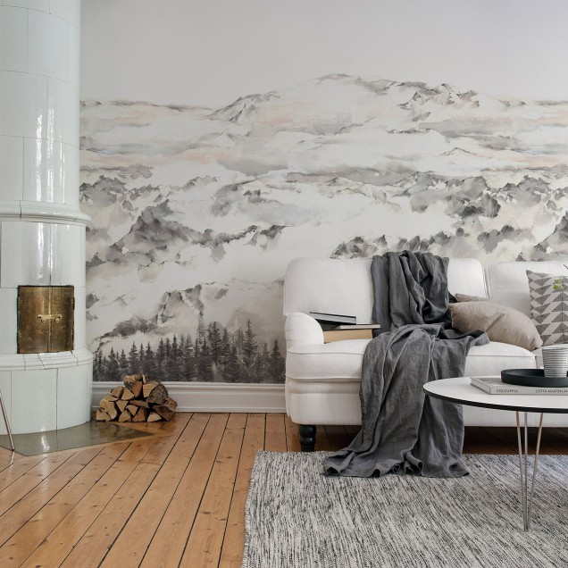 Tapet 3D Hope Mountains cu design minimalist, cu munți acoperiți de nori și copaci.