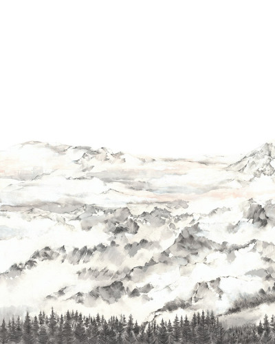 Tapet 3D Hope Mountains cu design minimalist, cu munți acoperiți de nori și copaci.