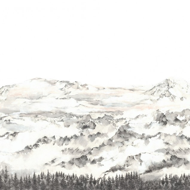 Tapet 3D Hope Mountains cu design minimalist, cu munți acoperiți de nori și copaci.