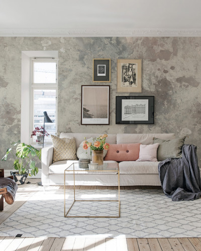 Tapet cu efect de beton brut, ideal pentru un stil industrial chic.