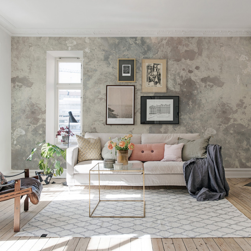 Tapet cu efect de beton brut, ideal pentru un stil industrial chic.