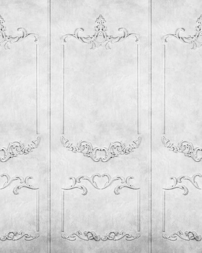 Tapet 3D cu un design clasic, 3D Noble Flair,  care prezintă un model detaliat în relief, cu nuanțe de gri.  Tapetul este prezentat într-un hol, pe un perete cu  o ușă albă și  un mobilier elegant.