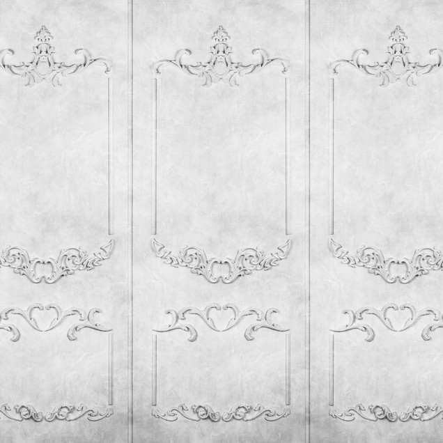 Tapet 3D cu un design clasic, 3D Noble Flair,  care prezintă un model detaliat în relief, cu nuanțe de gri.  Tapetul este prezentat într-un hol, pe un perete cu  o ușă albă și  un mobilier elegant.