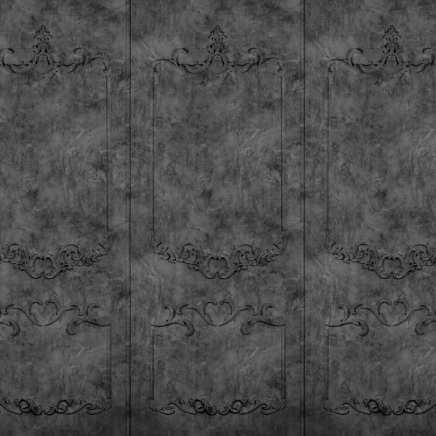 Tapet 3D cu design elegant si detalii sculpturale, in nuante de gri. Tapetul este decorat cu motive florale si decorative, conferind un aspect opulent.