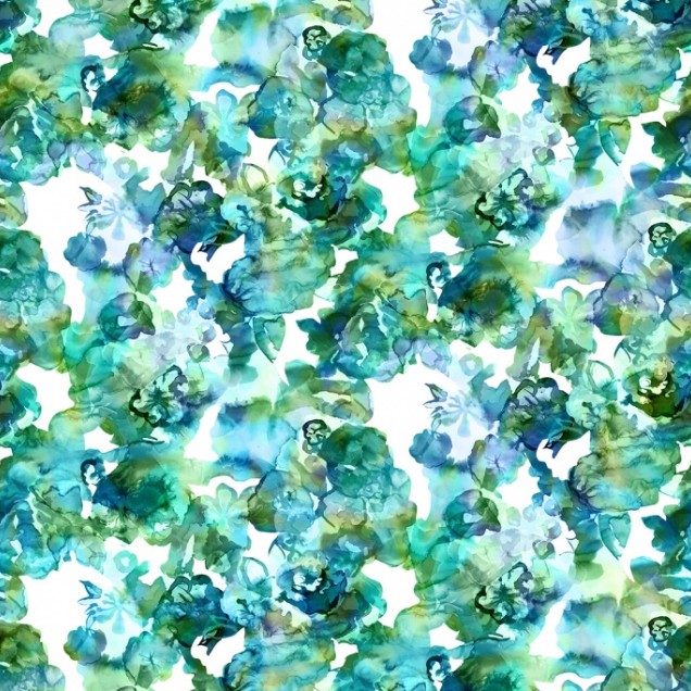 Tapet floral cu flori mari în culori verde și albastru deschis pe un fundal alb, în interiorul unui dormitor modern