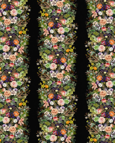 Tapet floral cu flori delicate si vibrante, cu fundal negru.
