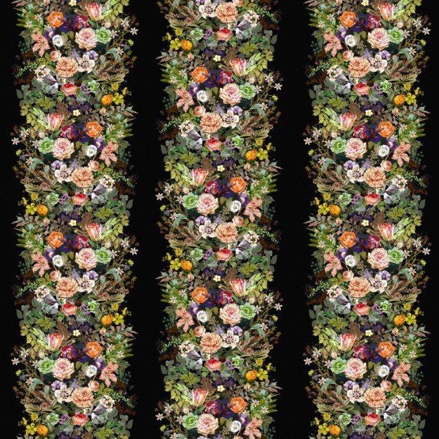 Tapet floral cu flori delicate si vibrante, cu fundal negru.