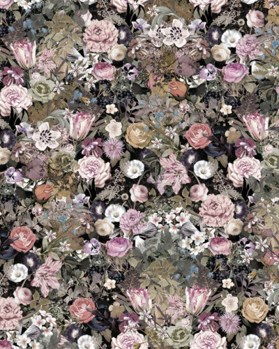 Tapet floral Meadow cu flori roz, mov și albe pe fundal negru