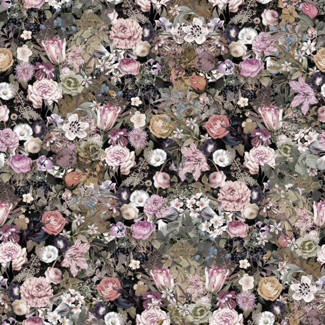 Tapet floral Meadow cu flori roz, mov și albe pe fundal negru