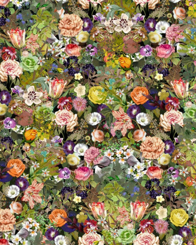 Tapet floral Meadow, Color, cu flori vibrante pe un fundal verde.