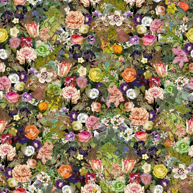 Tapet floral Meadow, Color, cu flori vibrante pe un fundal verde.